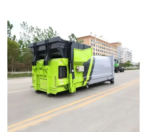 Stație mobilă pentru gunoi comprimat cu o capacitate de 20 metri cubi, conectată la autogunoiere